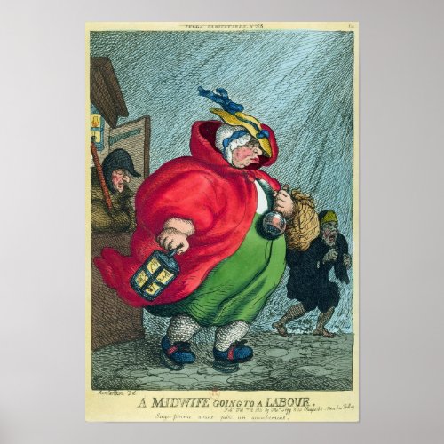 A midwife going to a labour 1811 poster