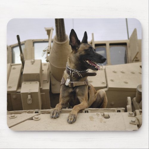 A military working dog sits on a M2A3 Mouse Pad