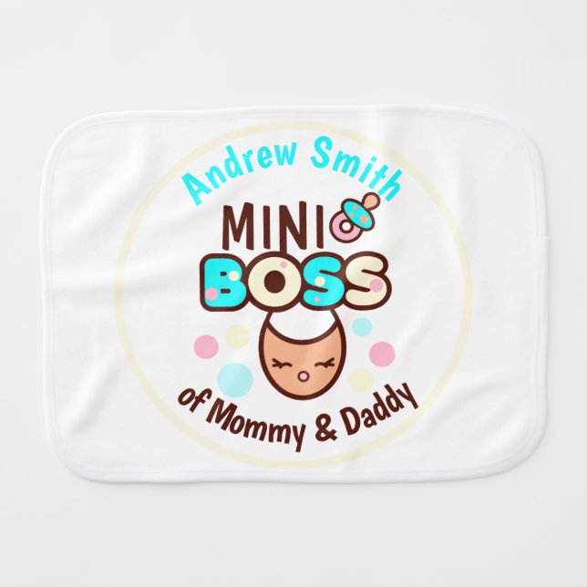 A Mini-Boss of Mommy & Daddy Personalized Baby Burp Cloth (Front Horizontal)