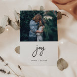 A Minimalist Christmas | Joy with Two Photos Holiday Card<br><div class="desc">This ultra modern,  minimalist holiday card says "joy" in handwritten black script on the front,  along with two personal photos and your names for a simple and stylish Christmas greeting. You can add a personal message to the back.</div>