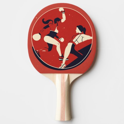 A minimalist image in a circle for a show about wo ping pong paddle