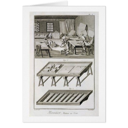 A mirror maker's workshop and tools, from the 'Enc Cards (Front)