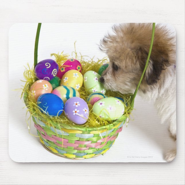 A mixed breed puppy sniffing at an Easter basket Mouse Pad (Front)