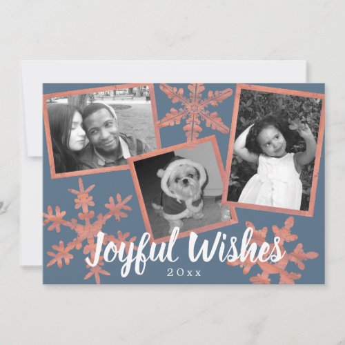 A Modern Blue Rustic Snowflake 3 Photo Christmas Holiday Card