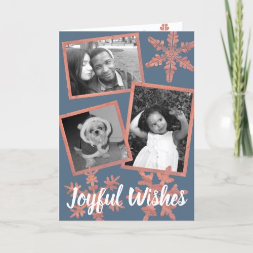 A Modern Blue Rustic Snowflake 3 Photo Collage Holiday Card