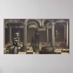 A modern surreal abstract chessboard figures mono poster
