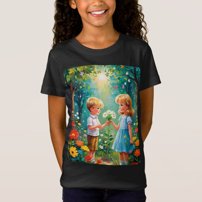 A Moment of Joy: A Boy and Girl in a Magical Garde T-Shirt (Front)
