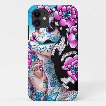 A Moment Of Silence- Tattooed Sugar Skull Girl Iphone 11 Case by NeverDieArt at Zazzle