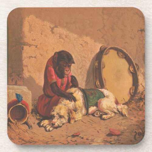 A Monkey And A Dog With A Large Tambourine Beverage Coaster