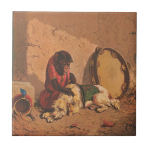 A Monkey And A Dog With A Large Tambourine Ceramic Tile