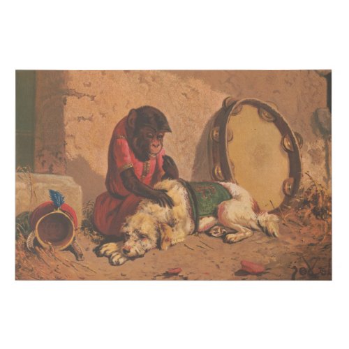 A Monkey And A Dog With A Large Tambourine Faux Canvas Print