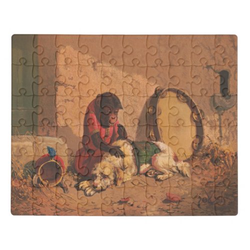 A Monkey And A Dog With A Large Tambourine Jigsaw Puzzle