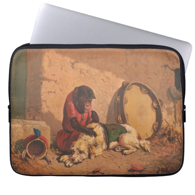 A Monkey And A Dog With A Large Tambourine Laptop Sleeve (Front)