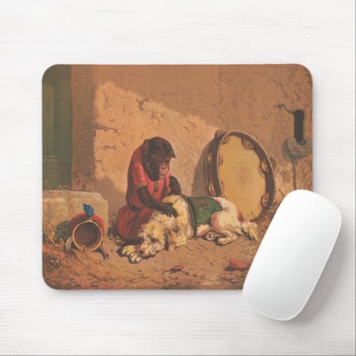 A Monkey And A Dog With A Large Tambourine Mouse Pad