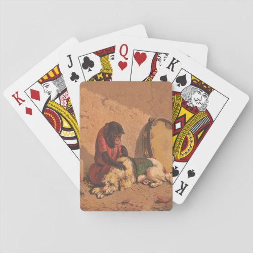 A Monkey And A Dog With A Large Tambourine Playing Cards