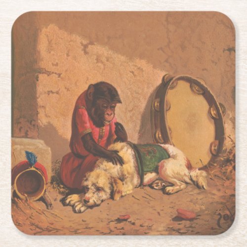 A Monkey And A Dog With A Large Tambourine Square Paper Coaster
