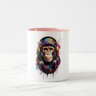 A monkey wearing headphones  2025 Two-Tone coffee mug