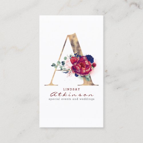 A Monogram Burgundy Gold and Navy Blue Floral Business Card