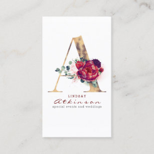 A Monogram Burgundy Red Flowers and Faux Gold Business Card