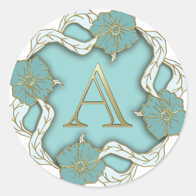 A monogram, decorative turquoise background classic round sticker (Front)