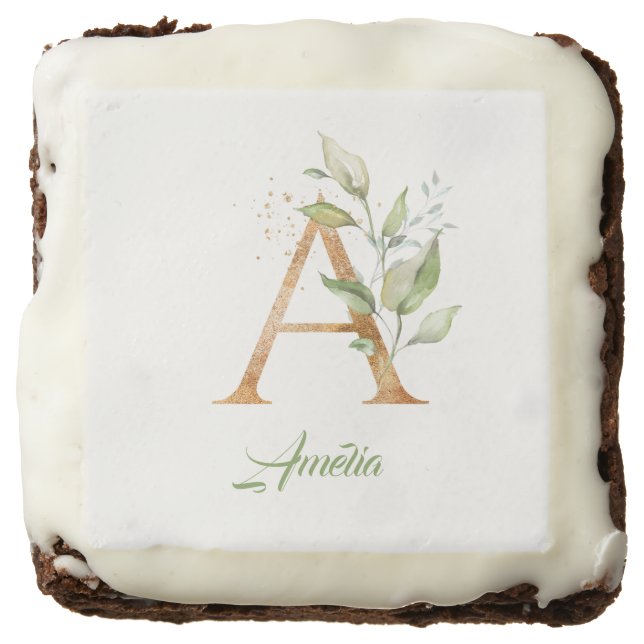 A monogram eucalyptus greenery faux gold foil  brownie (Front)