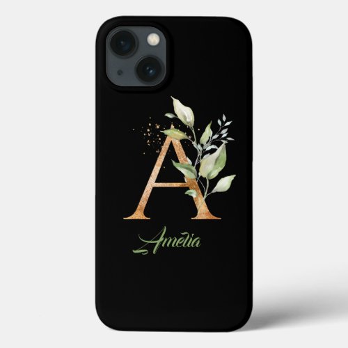 A monogram eucalyptus greenery faux  gold foil  iPhone 13 case