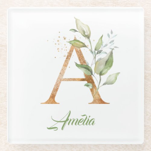 A monogram eucalyptus greenery faux  gold foil  glass coaster