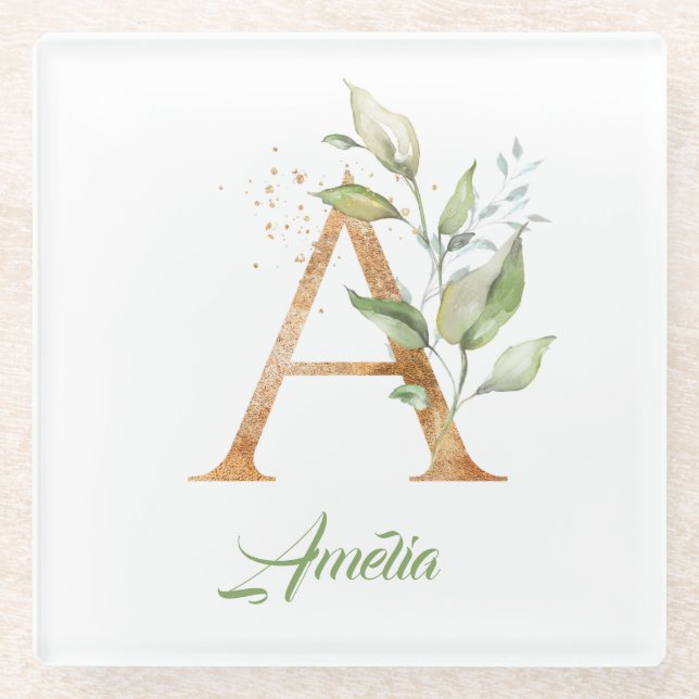 A monogram eucalyptus greenery faux  gold foil  glass coaster (Front)