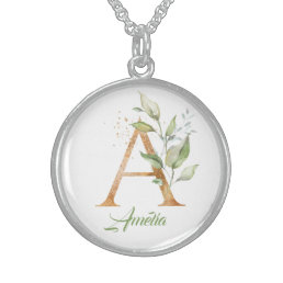 A monogram eucalyptus greenery faux gold foil sterling silver necklace