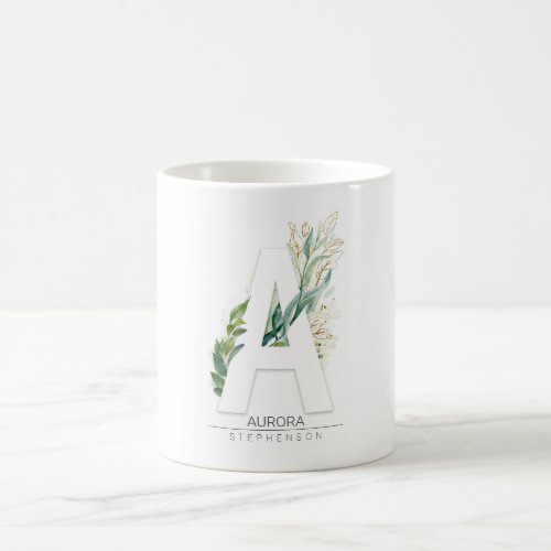 A Monogram Gold Greenery Leaves Elegant Name Coffee Mug