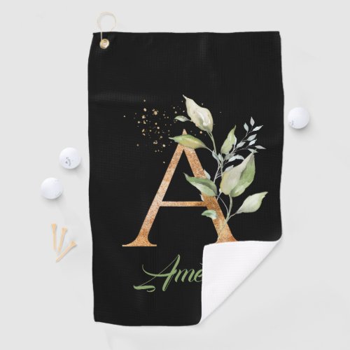 A monogram greenery eucalyptus gold glitter black golf towel