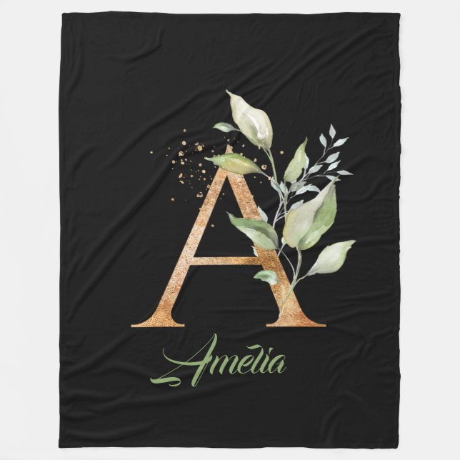 A monogram greenery eucalyptus gold glitter  fleece blanket (Front)