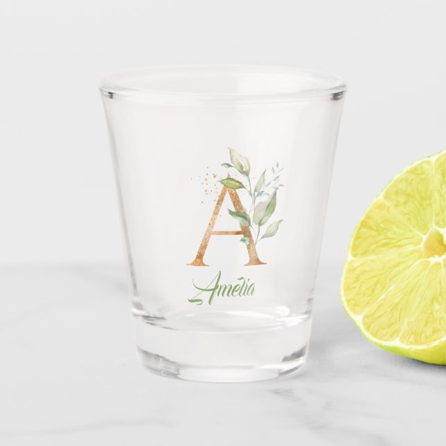 A monogram greenery eucalyptus gold glitter  shot glass (Front)