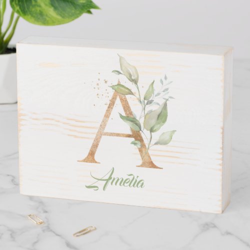 A monogram greenery eucalyptus gold glitter  wooden box sign