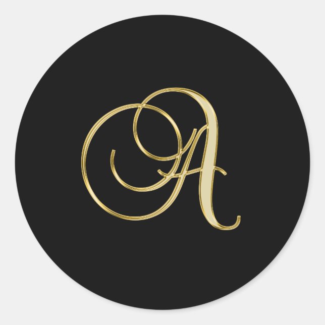 "A" Monogram Initial in gold on black. Classic Round Sticker (Front)