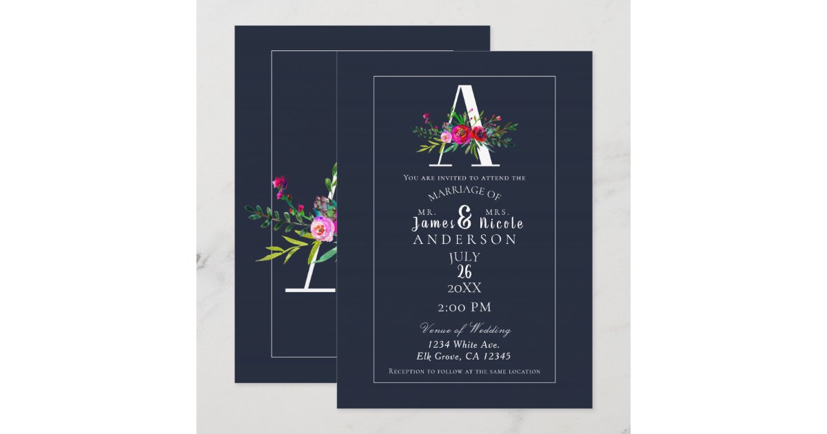 A Monogram Last Initial Modern Blue Floral Wedding Invitation | Zazzle
