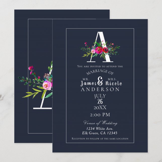 A Monogram Last Initial Modern Blue Floral Wedding Invitation (Front/Back)