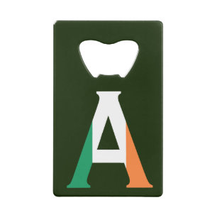A Monogram overlaid on Irish Flag bocnt Credit Card Bottle Opener