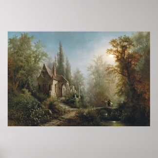 A Moonlit Night Over A Chapel And Riders Poster