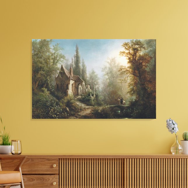 A Moonlit Night Over a Chapel and Riders - Rieger  Canvas Print (Insitu(LivingRoom))