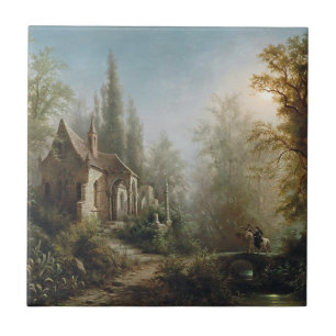 A Moonlit Night Over a Chapel and Riders - Rieger Ceramic Tile