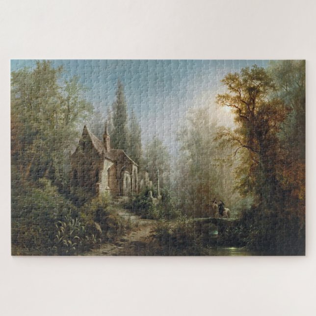 A Moonlit Night Over a Chapel and Riders - Rieger  Jigsaw Puzzle (Horizontal)