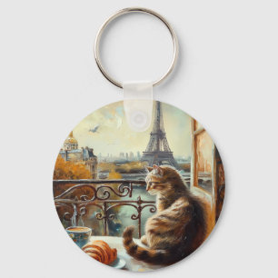 A Morning in Paris Ginger Cat at a Cafe Keychain