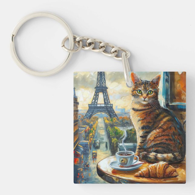 A Morning in Paris | Tabby Cat at a Cafe Keychain (Front)