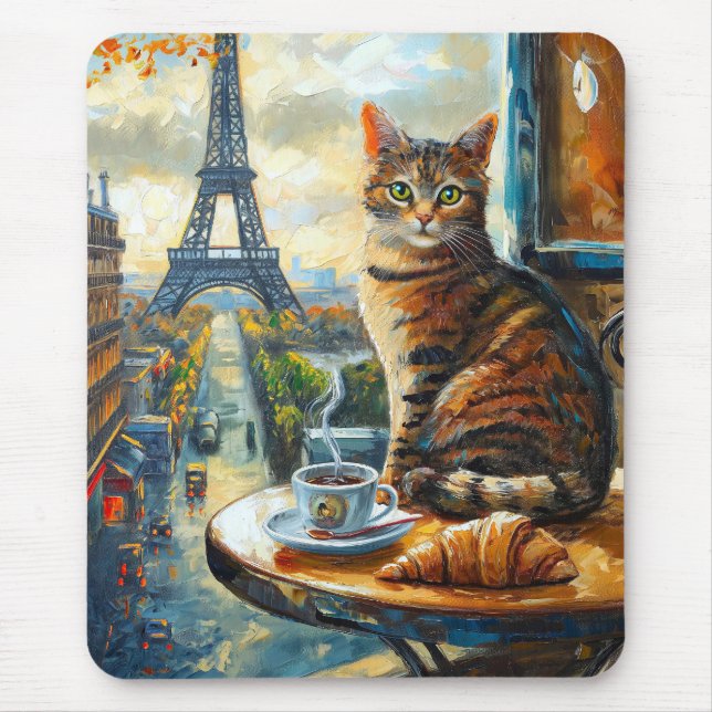 A Morning in Paris | Tabby Cat at a Cafe Mouse Pad (Front)