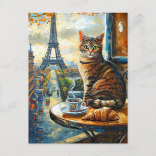 A Morning in Paris   Tabby Cat at a Cafe Postcard