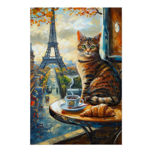 A Morning in Paris | Tabby Cat at a Cafe Poster (Front)