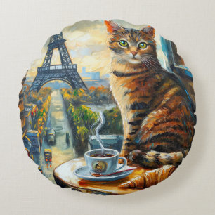 A Morning in Paris   Tabby Cat at a Cafe Round Pillow