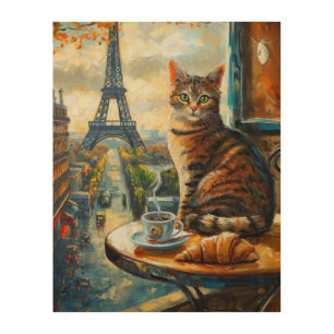 A Morning in Paris Tabby Cat at a Cafe Wood Wall Art