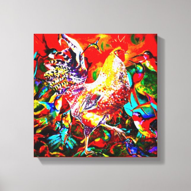 "A Most Colorful Morning" Rooster and Hummingbirds Canvas Print (Front)